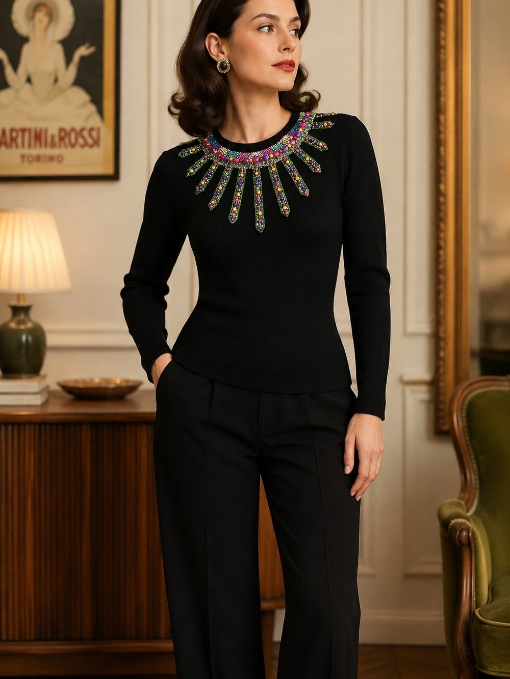 Black Embellished Crewneck Sweater with Multicolor Beading Sz M Wool Blend